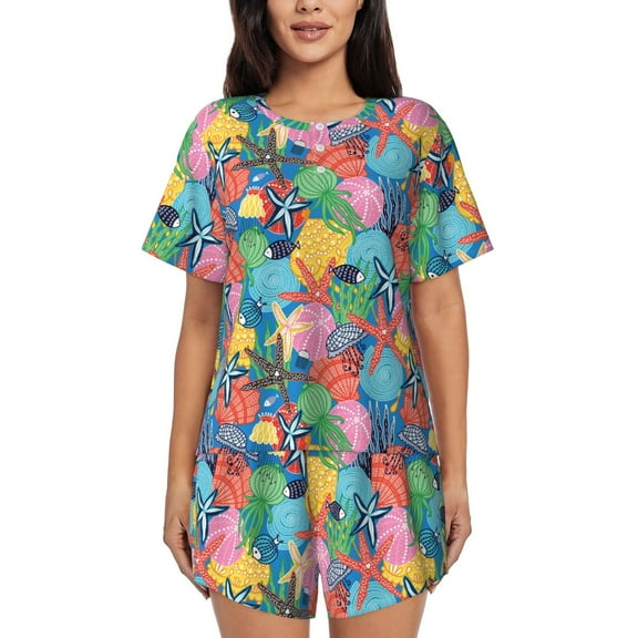 Balery Starfish And Algae Pattern Womens Pajama Sets 2 Piece Soft Short Sleeve Top and Shorts Sleepwear Round Neck Pjs Lounge Set with Pockets-X-Large