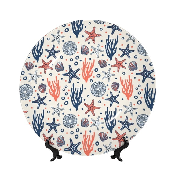Balery Starfish Shell Print Bone China Decorative Plate Ceramic Dinner Plates Art Crafts with Display Stand-6in