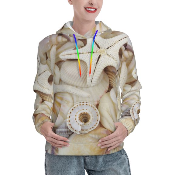 Balery Starfishes On Seashells Pattern Womens Long Sleeve Hoodie, Pullover Hooded Sweatshirt, Kangaroo Pocket Hoodie with Eye-catching Drawstrings-X-Large
