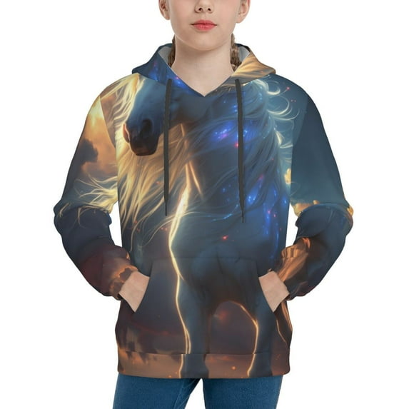 Balery Starry Light White Horse Pattern Boys Hoodie, Youth Pullover Hooded Sweatshirt, Kangaroo Pocket Hoodie for Kids Girls -Small