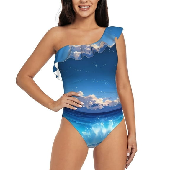 Balery Starry Night Ocean View One Shoulder Swimsuits for Women Ruffle Swimsuits Tummy Control One Shoulder Bathing Suits-Medium