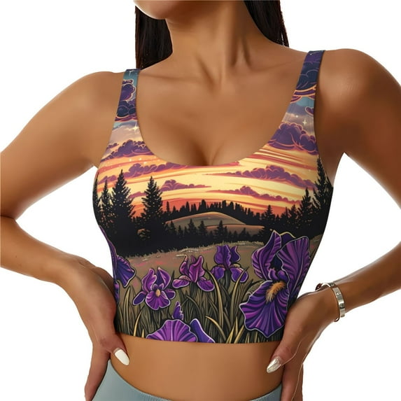 Balery Starry Night Purple Irises Pattern Racerback Sports Bras for Women - Padded Seamless High Impact Support for Yoga Gym Workout Fitness-X-Large