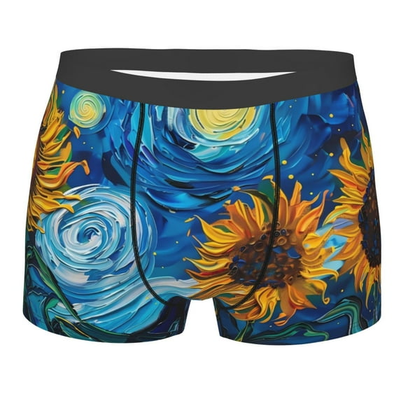 Balery Starry Night Sunflower Field Men's Boxer Briefs, Soft and Breathable Cotton Underwear with nylon Waistband-X-Large