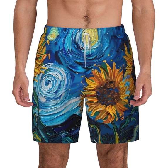 Balery Starry Night Sunflower Field Mens Swim Trunks Swim Shorts for Men Quick Dry Inseam Beach Shorts with Compression Liner Pocket-X-Large