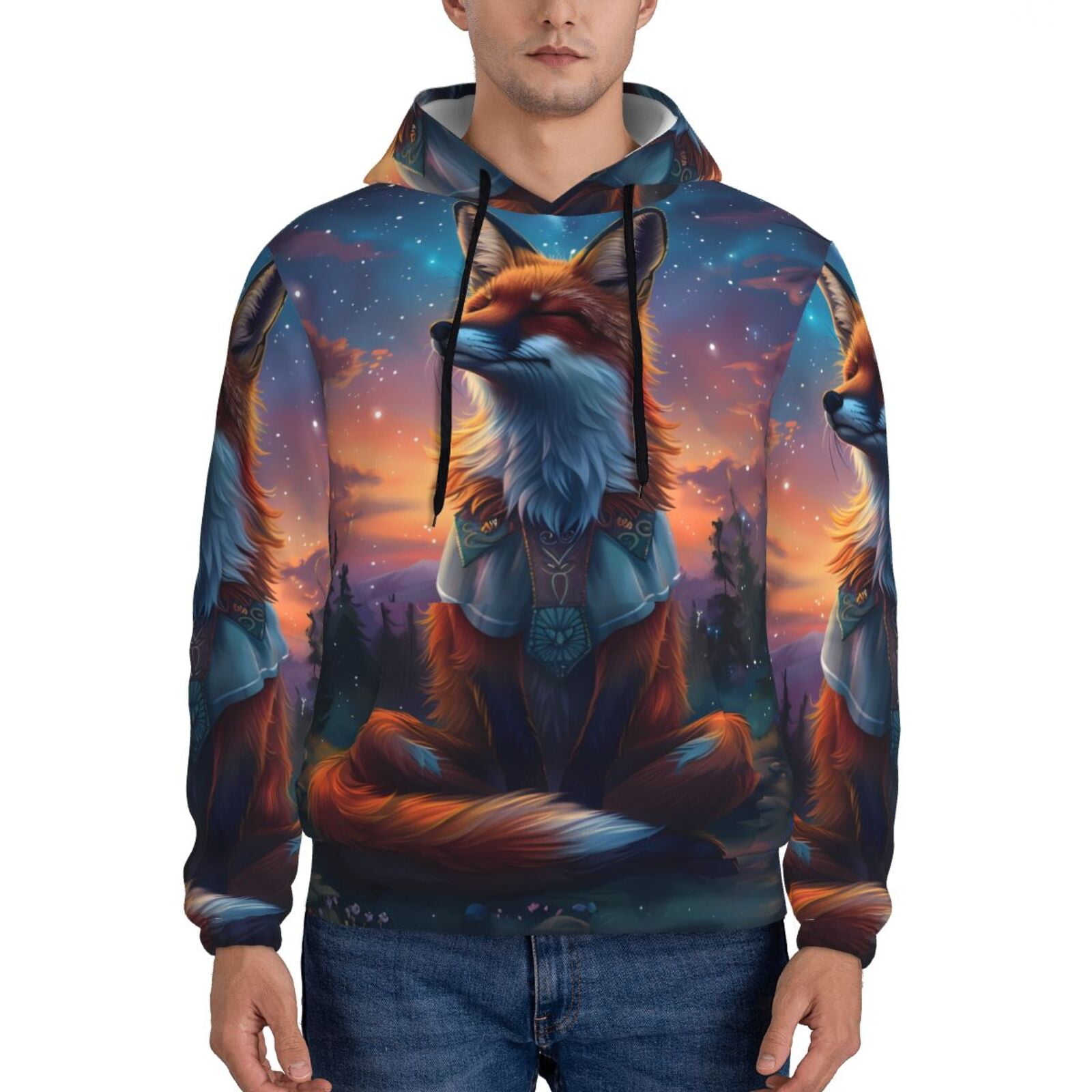 Balery Starry Sky Meditating Fox Pattern Mens Hoodie Kangaroo Pocket