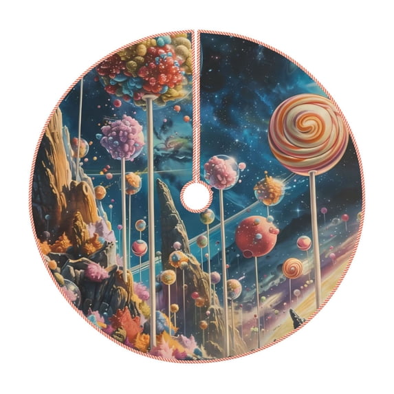 Balery Starry Sky Planet Lollipop Printed Christmas Tree Skirt , Merry Christmas Party Christmas Tree Decoration,Adjustable Tree Skirt-30"