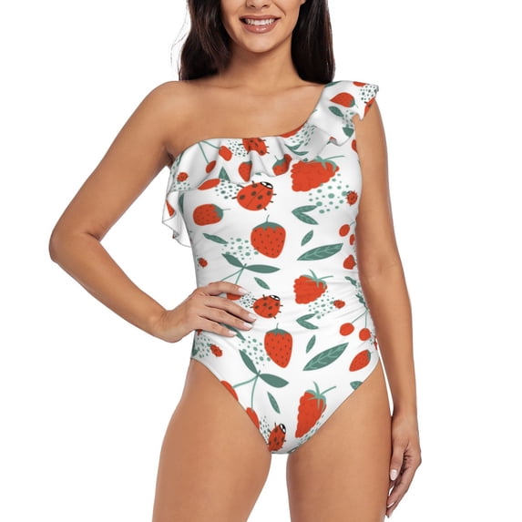 Balery Strawberries One Shoulder Swimsuits for Women Ruffle Swimsuits Tummy Control One Shoulder Bathing Suits-Medium