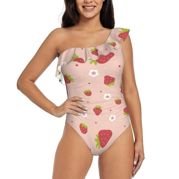 Balery Strawberries One Shoulder Swimsuits for Women Ruffle Swimsuits Tummy Control One Shoulder Bathing Suits-X-Large