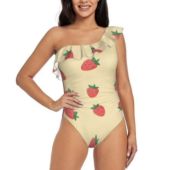Balery Strawberries One Shoulder Swimsuits for Women Ruffle Swimsuits Tummy Control One Shoulder Bathing Suits-XX-Large