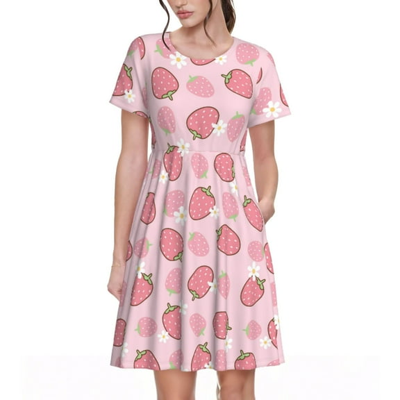 Balery Strawberries Pattern Womens Dresses Loose Short sleeve Sundresses Swimsuit Coverup 2025 Summer Casual Dress for Women - A-Line Swing Dress