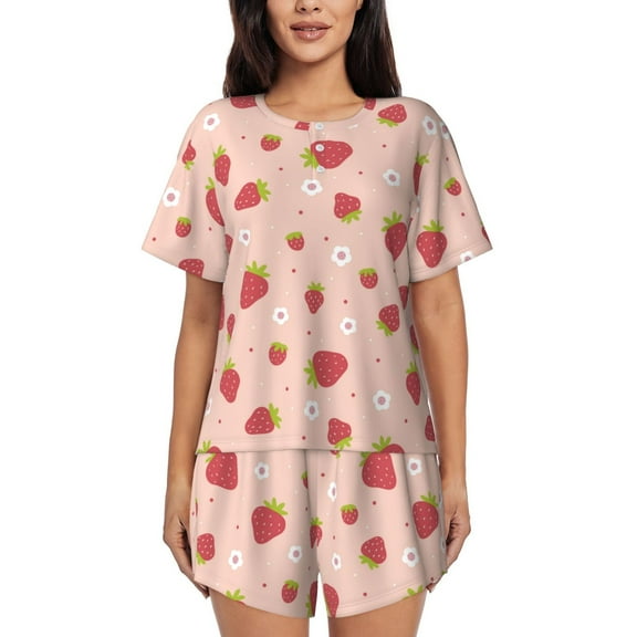 Balery Strawberries Pattern Womens Pajama Sets 2 Piece Soft Short Sleeve Top and Shorts Sleepwear Round Neck Pjs Lounge Set with Pockets-4X-Large