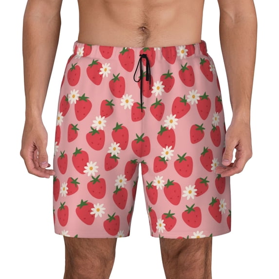 Balery Strawberry And Flowers Mens Swim Trunks Swim Shorts for Men Quick Dry Inseam Beach Shorts with Compression Liner Pocket-