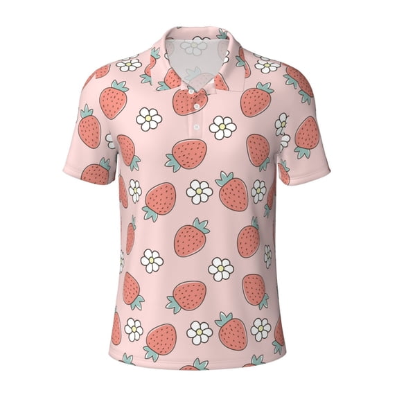 Balery Strawberry And Flowers Printed Men’s Short Sleeve Polo Shirt, Midweight Men's Shirt,Golf Polo shirts -3X-Large