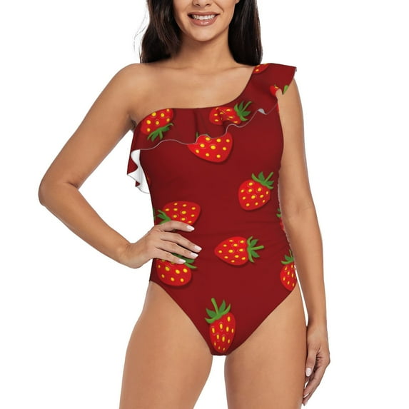 Balery Strawberry One Shoulder Swimsuits for Women Ruffle Swimsuits Tummy Control One Shoulder Bathing Suits-XX-Large
