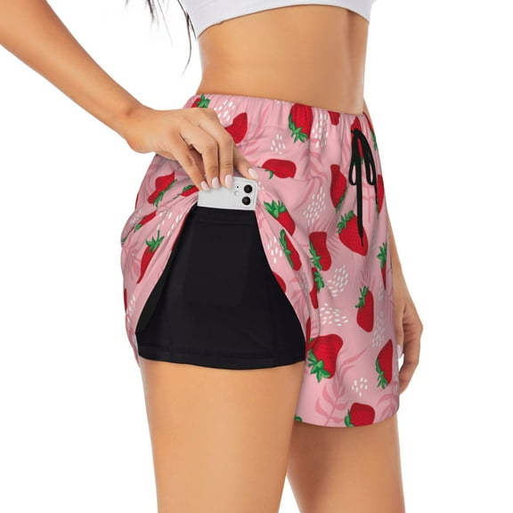 Balery Strawberry Pattern Women's Running Shorts with Liner 2 Pockets Elastic Workout Athletic Gym Yoga Shorts-Small