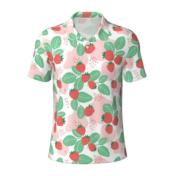 Balery Strawberry Printed Men’s Short Sleeve Polo Shirt, Midweight Men's Shirt,Golf Polo shirts -Large