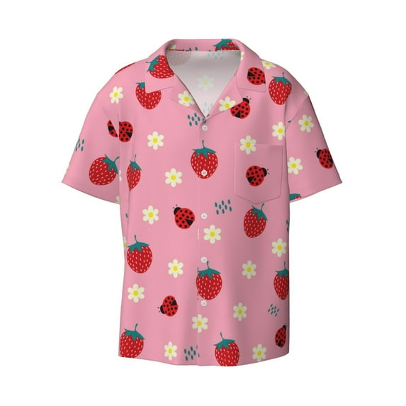 Balery Strawberry and Ladybugs Men's Casual Button Down Shirt Short Sleeve Textured Summer Cuban Beach Shirts-4X-Large