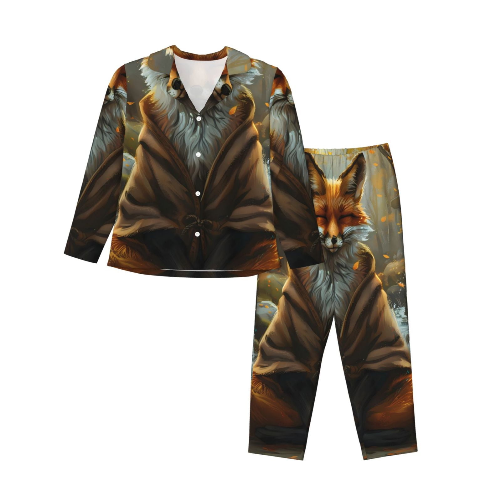 Balery Streamside Meditating Fox Pattern Pajama Sets for Women Long ...