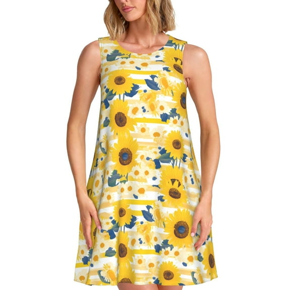 Balery Striped Sunflower Daisy Pattern Women’s Summer Dresses – Loose Sleeveless Sundress, Casual and Comfortable Beach Dress for Hot Days