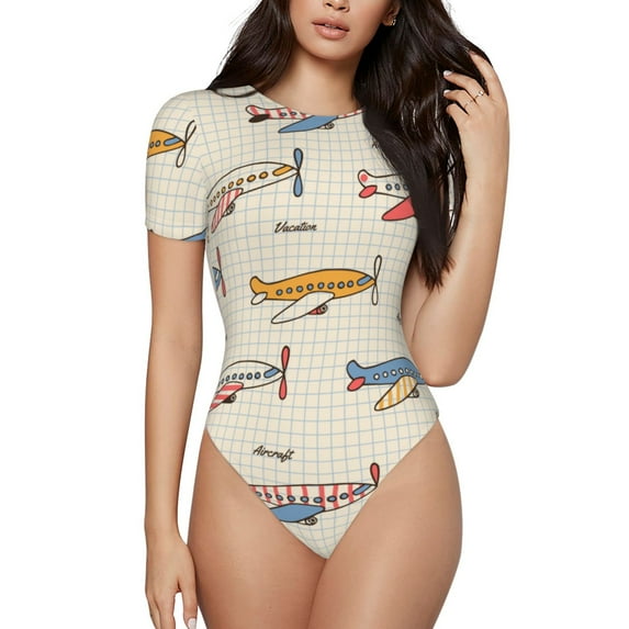 Balery Striped Vintage Planes Women's Short Sleevee Crew Neck Bodysuit Tops Short Sleeve Tops Basic-Large