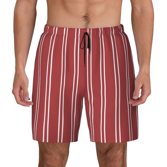 Balery Stripes Red White Mens Swim Trunks Swim Shorts for Men Quick Dry Inseam Beach Shorts with Compression Liner Pocket-X-Large