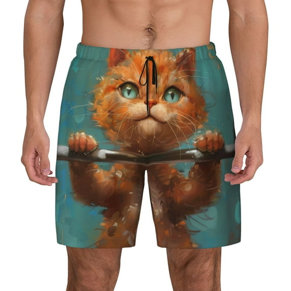 Balery Strong Kitten Lifting Weights Mens Swim Trunks Swim Shorts for Men Quick Dry Inseam Beach Shorts with Compression Liner Pocket-Small