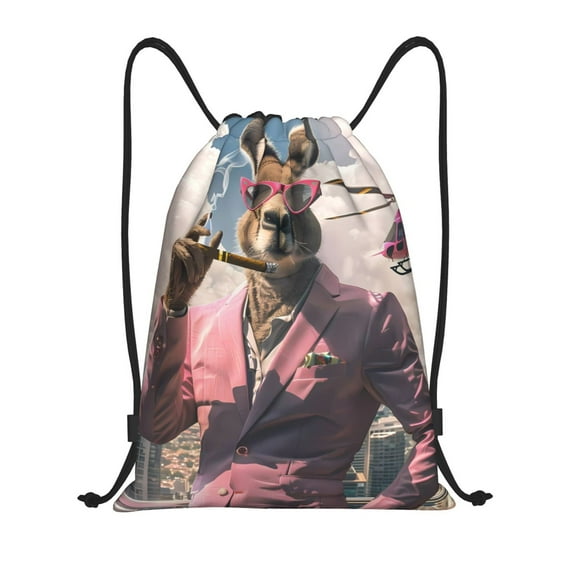 Balery Stylish Kangaroo In Suit Pattern Drawstring Backpack Bag Sport Gym Sackpack Cinch Bags Pattern Drawstring Backpack Bag Sport Gym Sackpack Cinch Bags -Medium