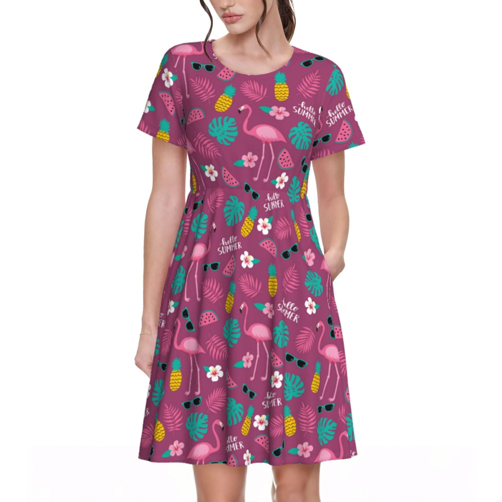 Balery Summer Flamingo Pattern Womens Dresses Loose Short sleeve ...