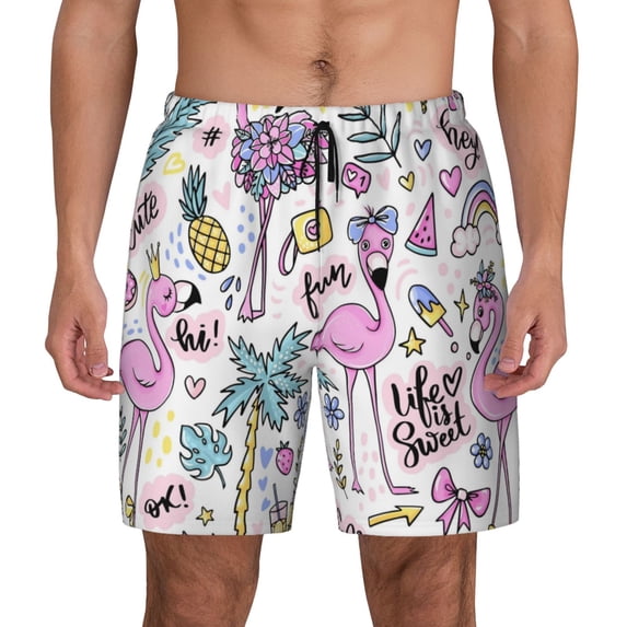 Balery Summer with Flamingo Mens Swim Trunks Swim Shorts for Men Quick Dry Inseam Beach Shorts with Compression Liner Pocket-Medium