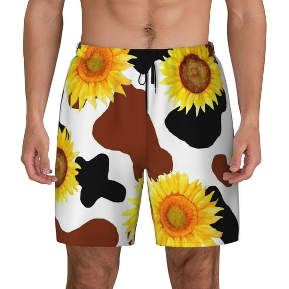 Balery Sunflower Cow Mens Swim Trunks Swim Shorts for Men Quick Dry Inseam Beach Shorts with Compression Liner Pocket-X-Large