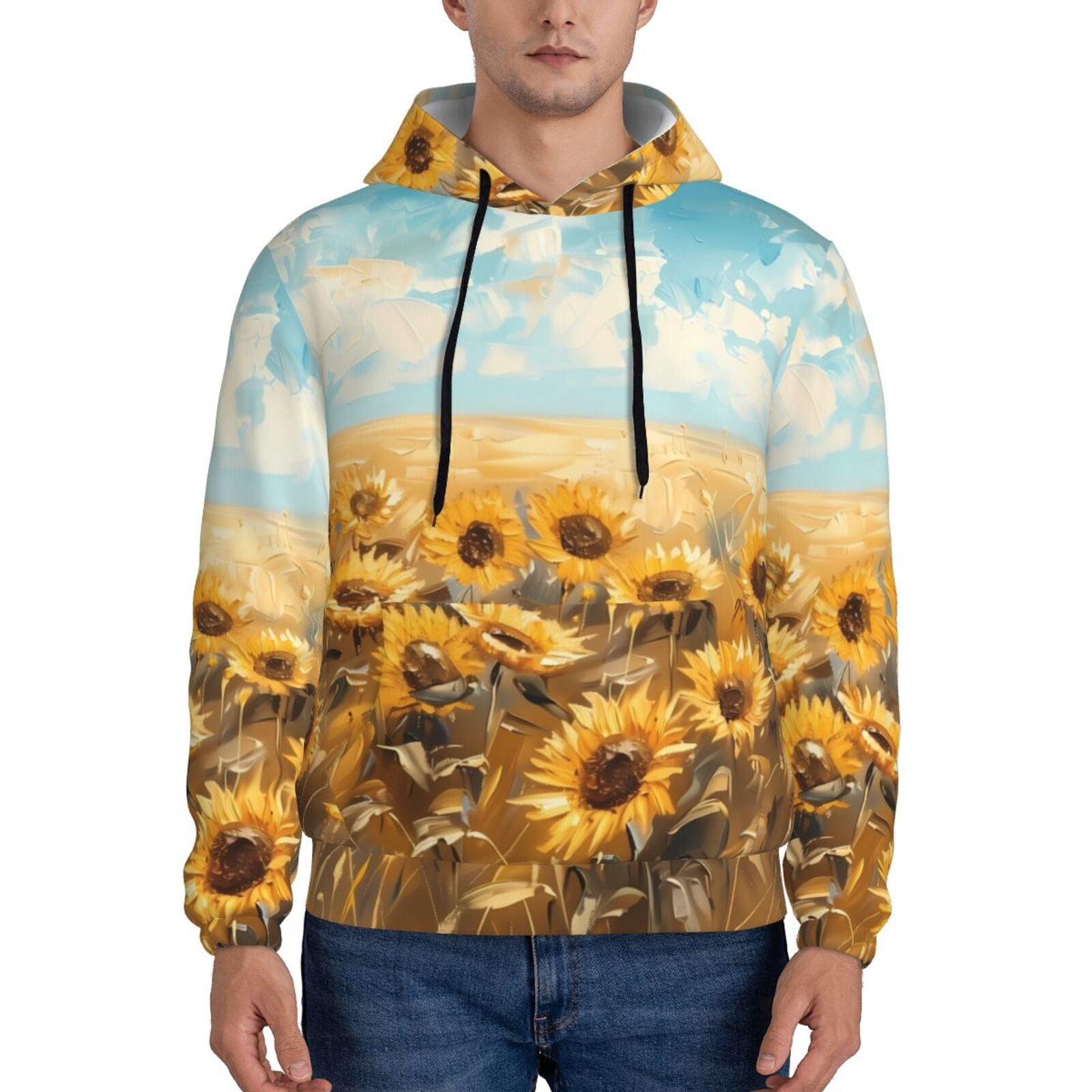Balery Sunflower Field Bliss Pattern Mens Hoodie Kangaroo Pocket Hoodie