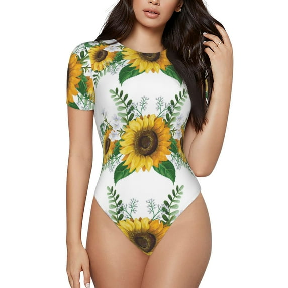 Balery Sunflowers (2) Women's Short Sleevee Crew Neck Bodysuit Tops Short Sleeve Tops Basic-X-Large