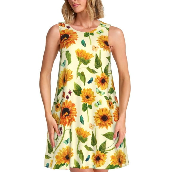 Balery Sunflowers And Butterflies Pattern Women’s Summer Dresses – Loose Sleeveless Sundress, Casual and Comfortable Beach Dress for Hot Days