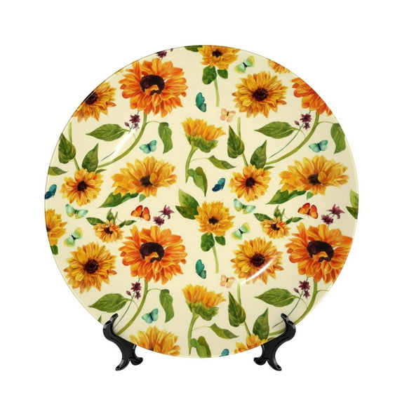 Balery Sunflowers And Butterflies Print Bone China Decorative Plate Ceramic Dinner Plates Art Crafts with Display Stand-8in