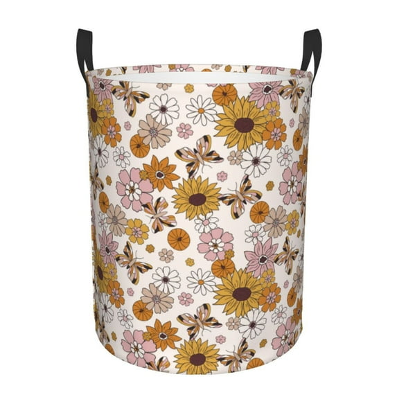 Balery Sunflowers And Butterflies Round Laundry Basket with Handles Waterproof Freestanding Laundry Hamper for Clothes Toys in the Dorm and Family-