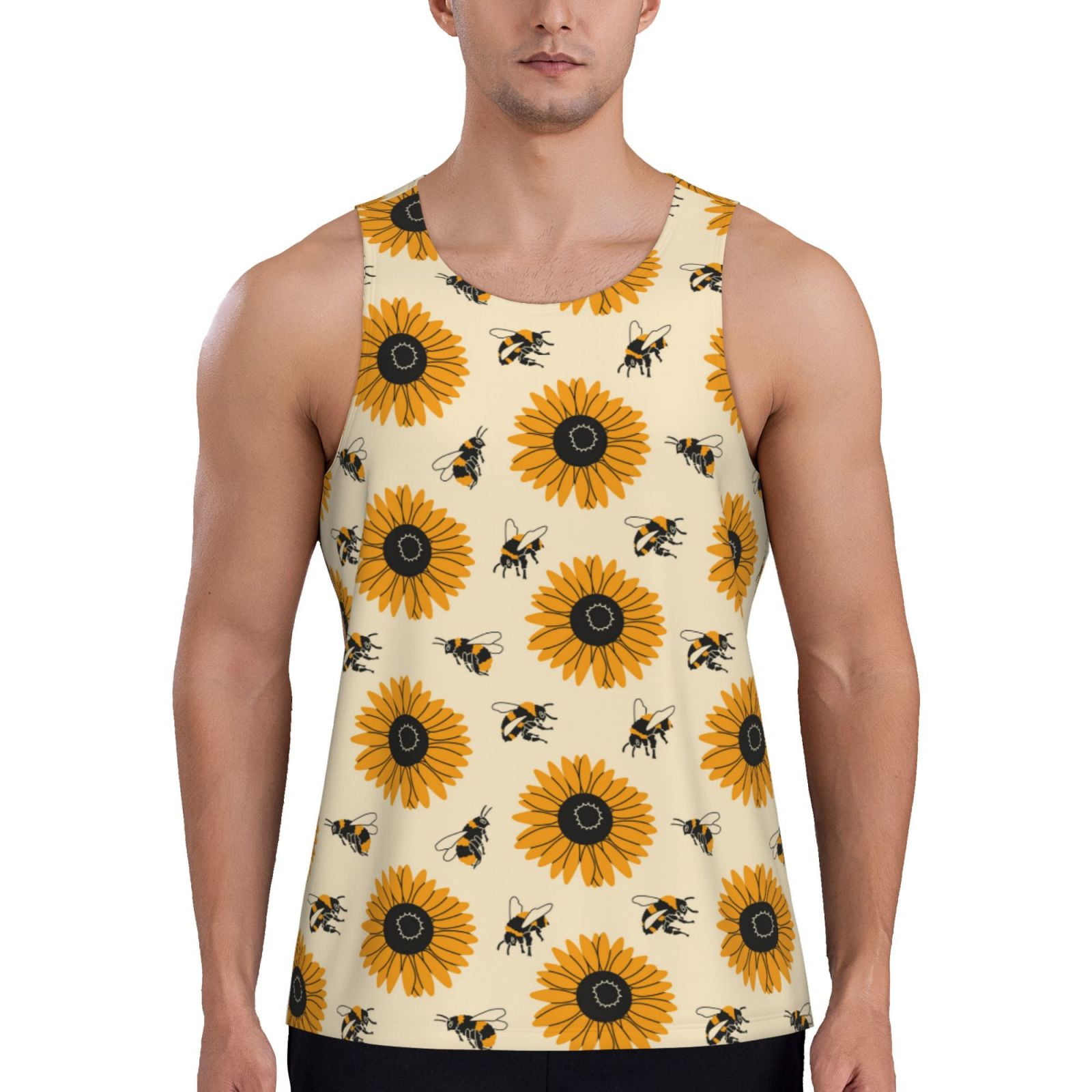 Balery Sunflowers And Bee Pattern Men's Workout Tank Top Gym Muscle Tee ...