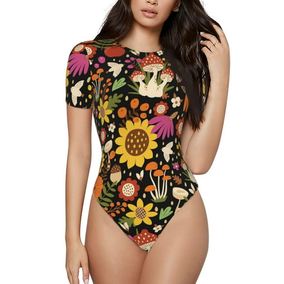 Balery Sunflowers Mushrooms Women's Short Sleevee Crew Neck Bodysuit Tops Short Sleeve Tops Basic-Small