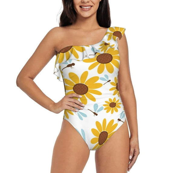 Balery Sunflowers One Shoulder Swimsuits for Women Ruffle Swimsuits Tummy Control One Shoulder Bathing Suits-