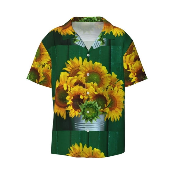 Balery Sunflowers in Bucket Men's Casual Button Down Shirt Short Sleeve Textured Summer Cuban Beach Shirts-XX-Large