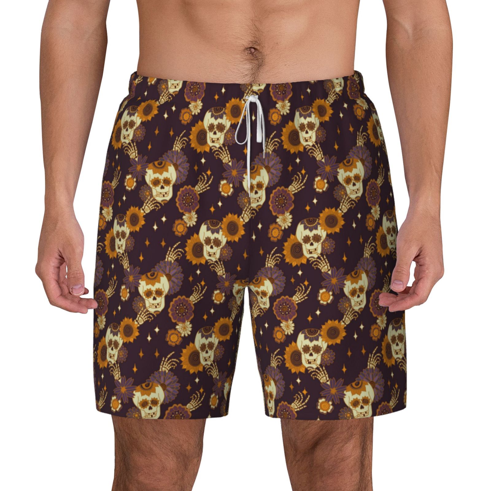 Balery Sunflowers with Skull and Hand Mens Swim Trunks Swim Shorts for ...