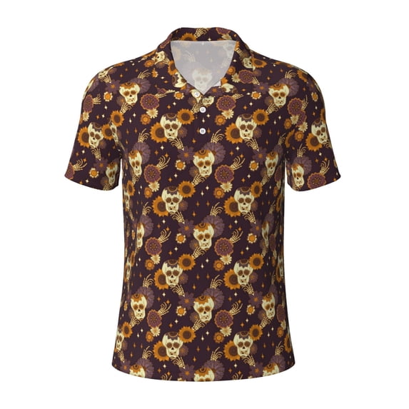 Balery Sunflowers with Skull and Hand Printed Men’s Short Sleeve Polo Shirt, Midweight Men's Shirt,Golf Polo shirts -