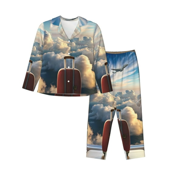 Balery Sunset Airplane Travel View Pattern Pajama Sets for Women Long Sleeve 2 Piece Sleepwear Loungewear Sets Soft PJ's with Pockets Long Sleeve Comfy Pj Sets-Medium