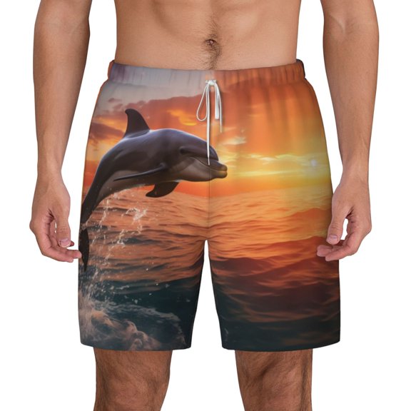Balery Sunset Dancing Dolphin B Mens Swim Trunks Swim Shorts for Men Quick Dry Inseam Beach Shorts with Compression Liner Pocket-Medium