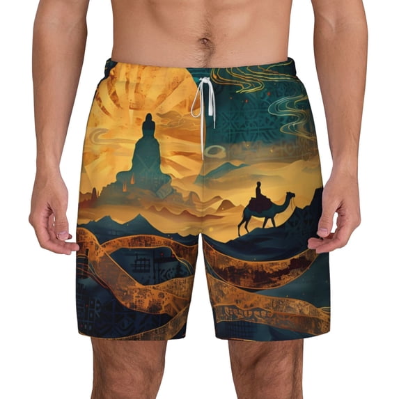 Balery Sunset Desert Journey Mens Swim Trunks Swim Shorts for Men Quick Dry Inseam Beach Shorts with Compression Liner Pocket-X-Large