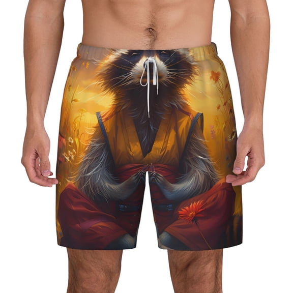 Balery Sunset Flower Meditating Raccoon Mens Swim Trunks Swim Shorts for Men Quick Dry Inseam Beach Shorts with Compression Liner Pocket-Small