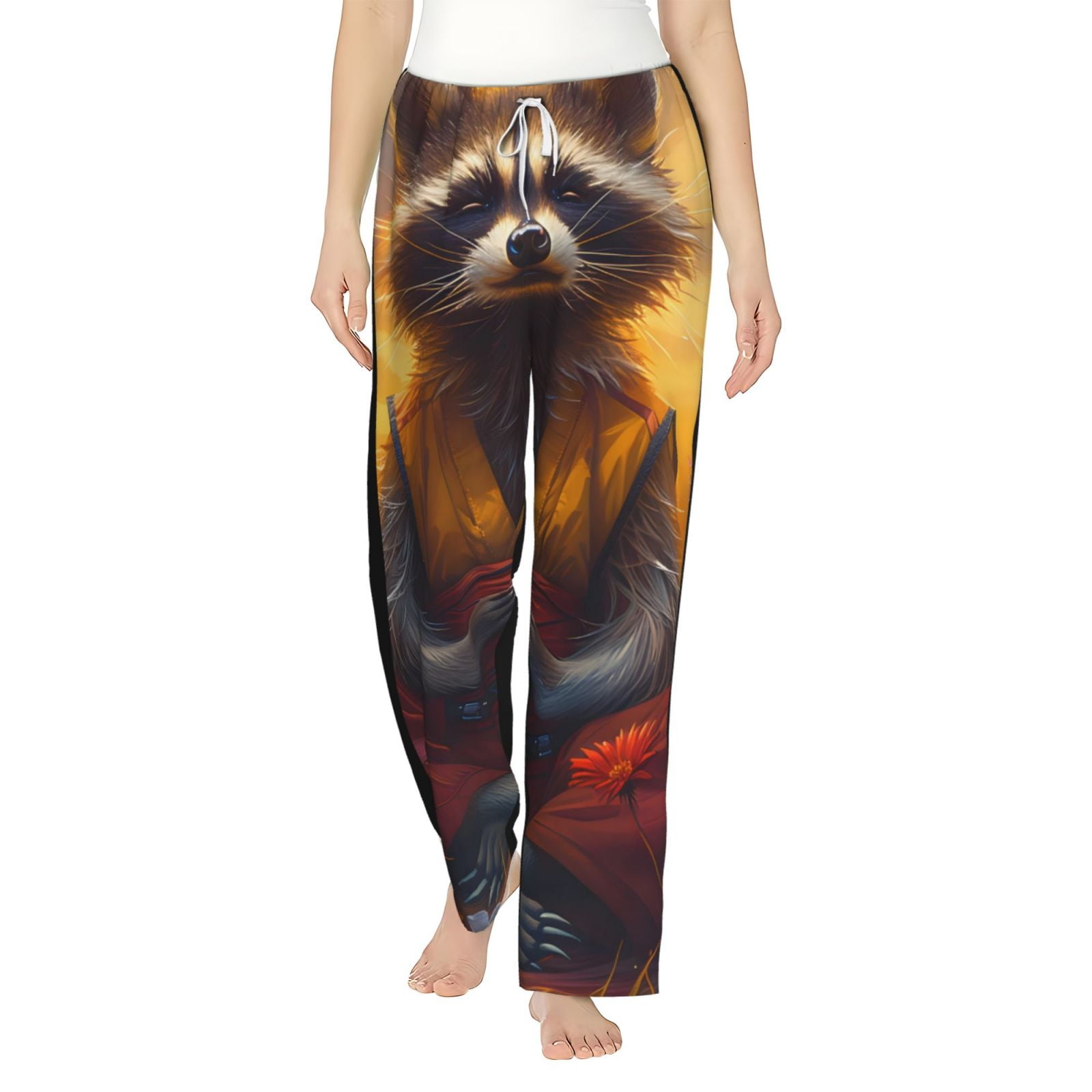 Pink Raccon Pj Balery Sunset Flower Meditating Raccoon print Women's Pajama Pants ...
