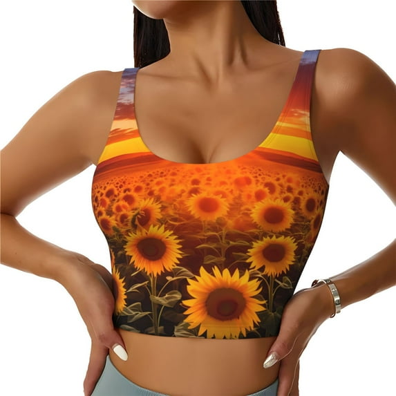 Balery Sunset Golden Sunflower Field Pattern Racerback Sports Bras for Women - Padded Seamless High Impact Support for Yoga Gym Workout Fitness-X-Large