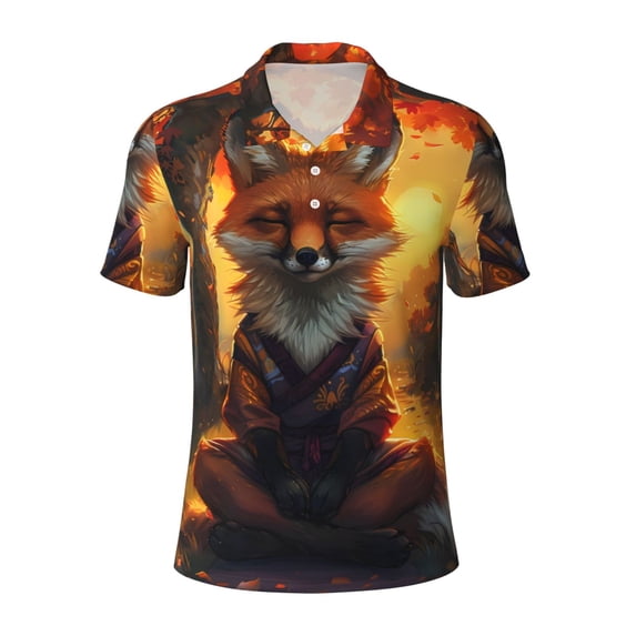 Balery Sunset Maple Tree Fox Printed Men’s Short Sleeve Polo Shirt, Midweight Men's Shirt,Golf Polo shirts -X-Large
