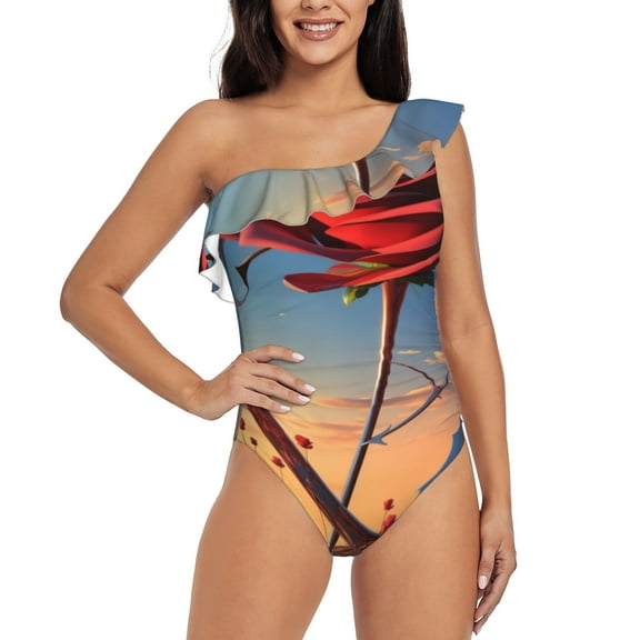 Balery Sunset Rose Elegance One Shoulder Swimsuits for Women Ruffle Swimsuits Tummy Control One Shoulder Bathing Suits-Medium