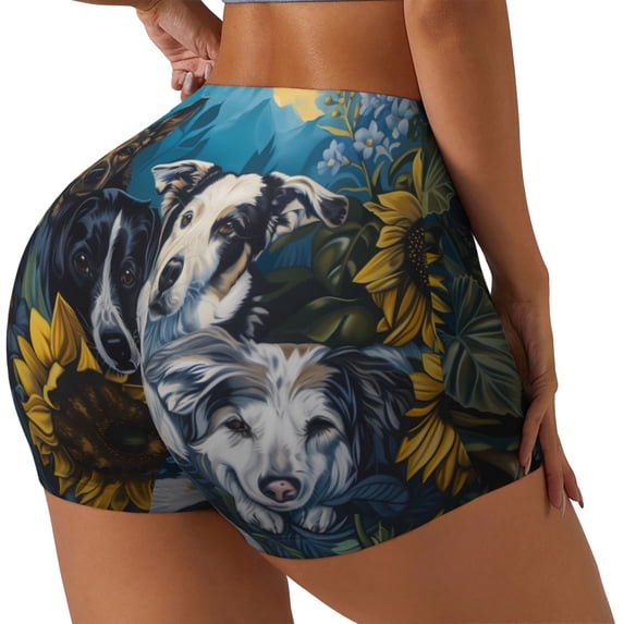 Balery Sunset Sunflower Dog Printed Workout Shorts for Women Seamless Scrunch Short Gym Yoga Running Sport Active Exercise Fitness Shorts-X-Large